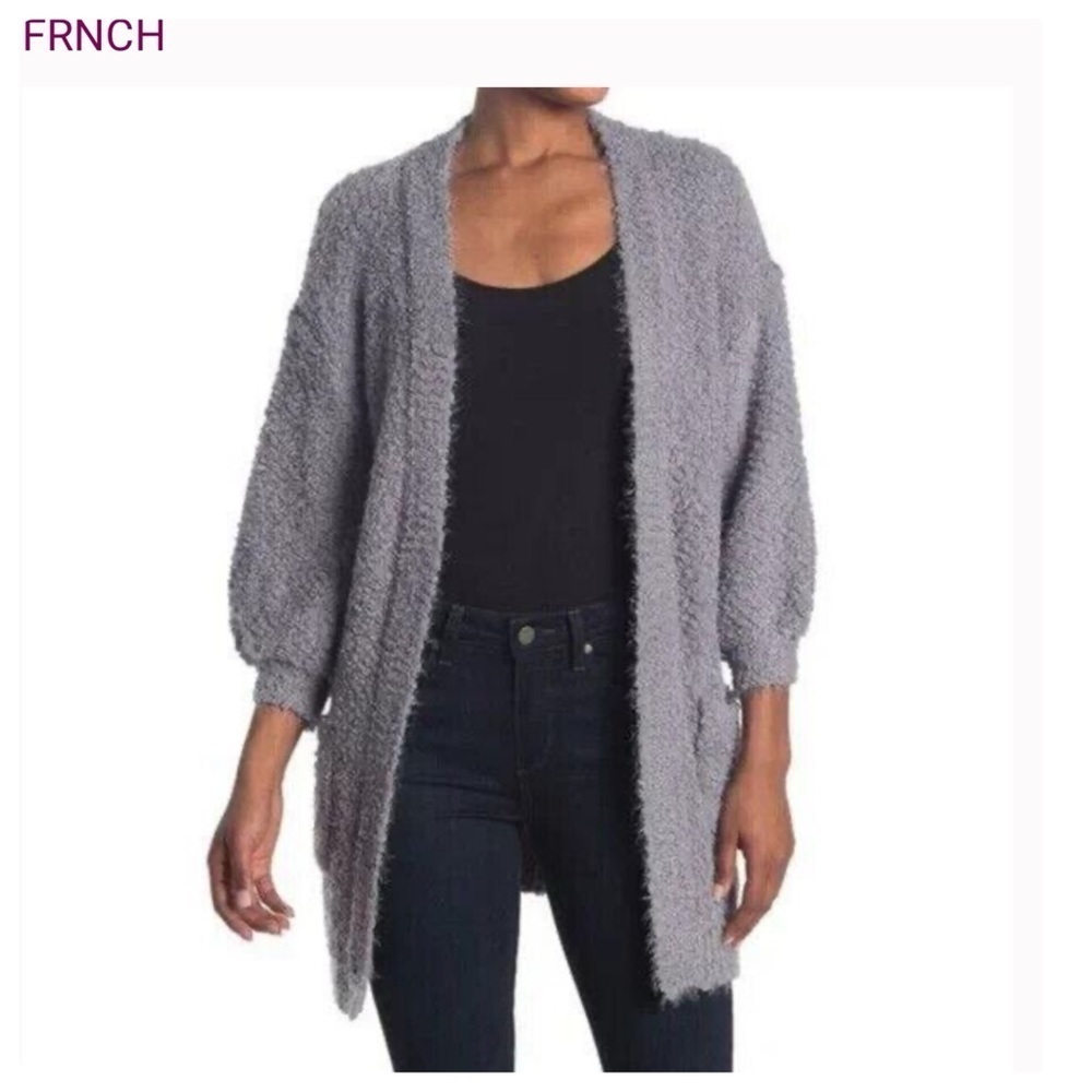 FRNCH Paris NWT Women's 3/4 Sleeve Solid Eyelash Oversized Cardigan Gray S/M